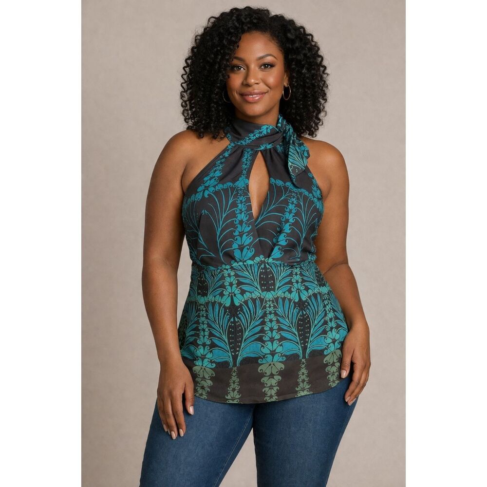 Bandolino Y2K Halter Top With Neck Tie Brown/ Turquoise Boho Keyhole Neckline